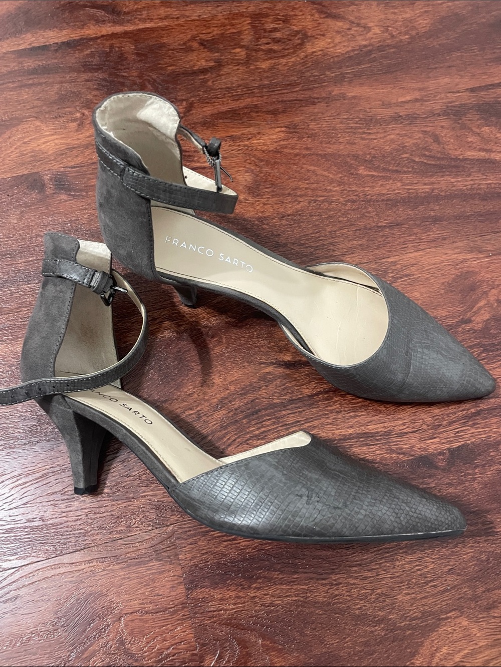 Franco Sarto Charcoal Textured Pointed-Toe Ankle Strap Heels